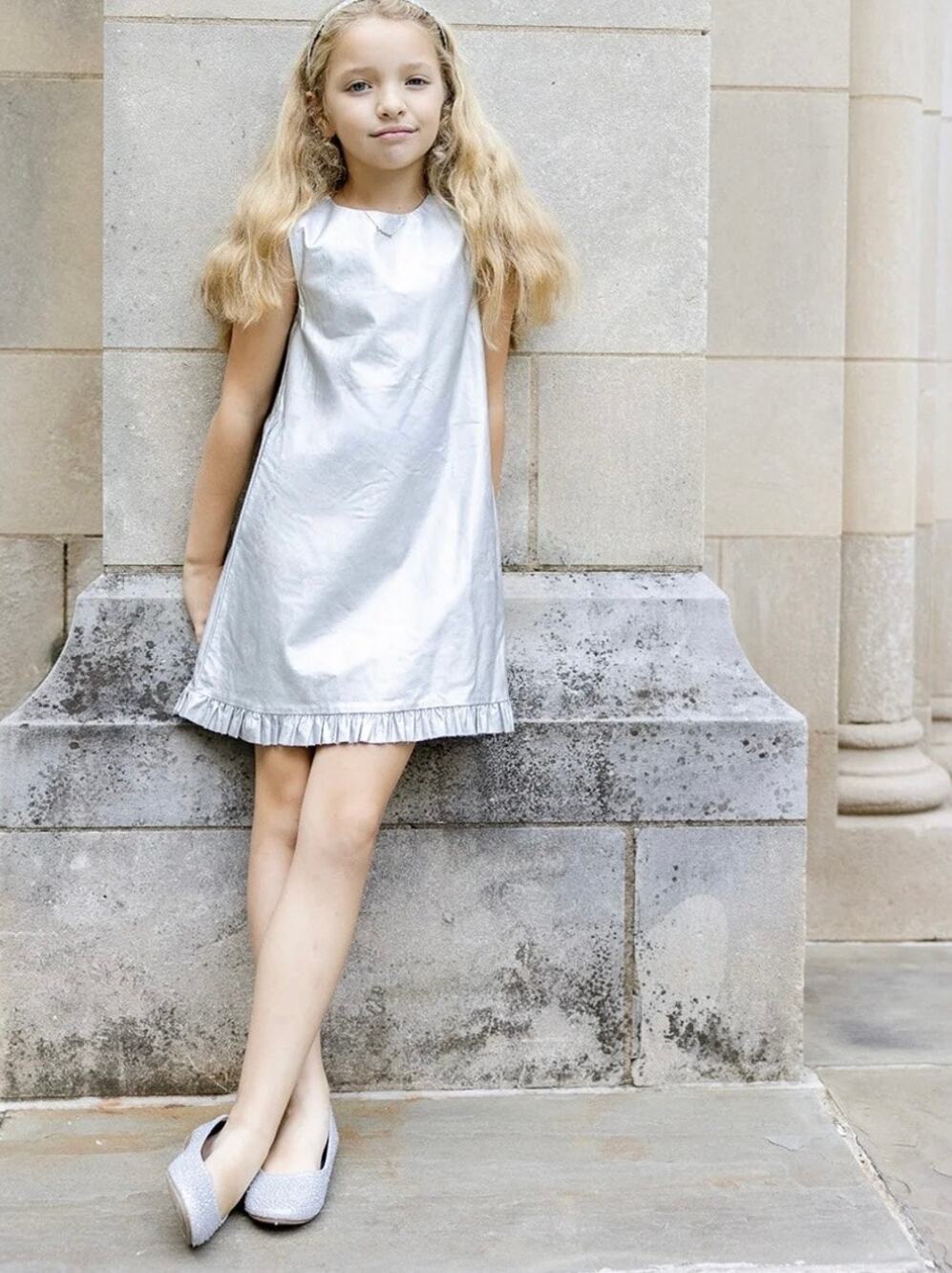 Little Olin Silver Faux leather dress with Ruffles
